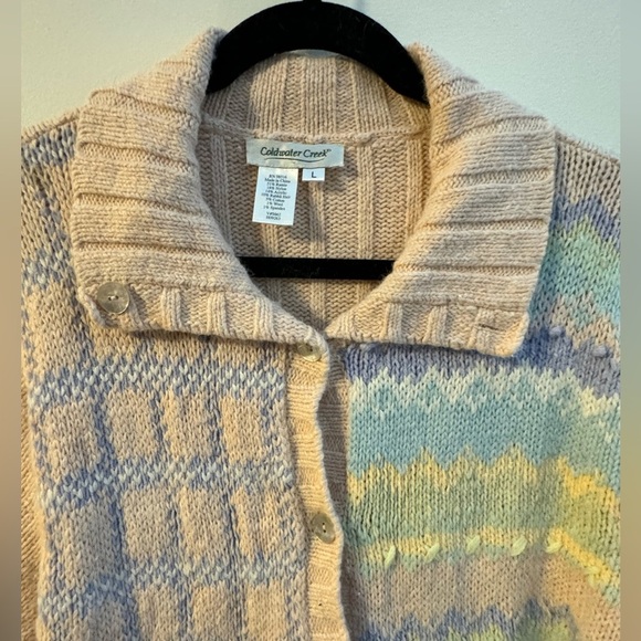 Vintage Pastel Grandma Hand Knit Geometric Striped Cardigan Button Up Sweater LG - Picture 15 of 16